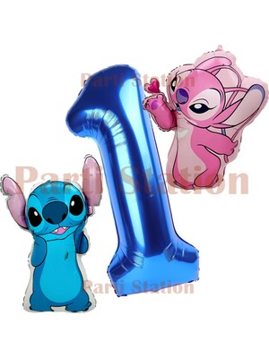 Parti Station Lilo Stitch ve Angel 1 Yaş Lacivert Rakam Balon Doğum Günü Parti Seti