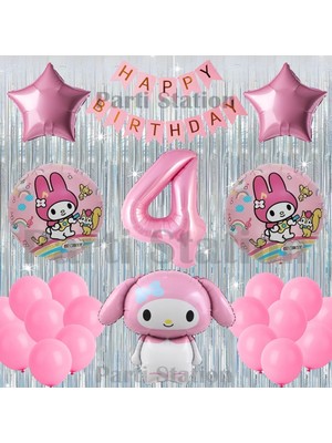 Parti Station Kuromi My Melody Konsept 4 Yaş Doğum Günü Balon Seti Perdeli ve Pembe Rakam Balonlu