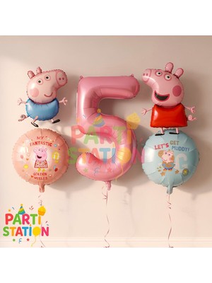 Parti Station Peppa Pig & George Konsept 5 Yaş Folyo Balon Seti Doğum Günü Seti