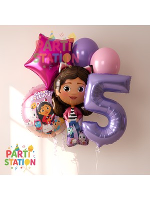 Parti Station Gabby Dollhouse Temalı 5 Yaş Doğum Günü Balon Süsleme Seti