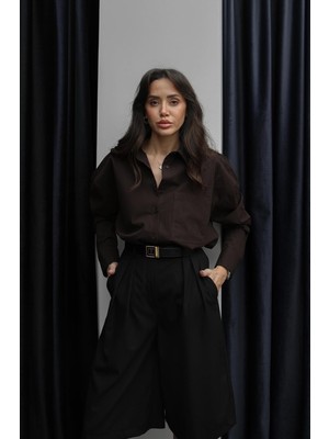 Havoş Kahverengi Tek Cepli Oversize Gömlek