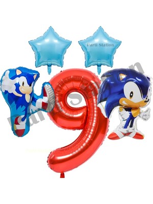 Parti Station Sonic Boom Balon 9 Yaş Kırmızı Rakam Folyo Balon Set Sonic Konsept Balon Set