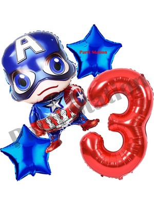 Parti Station Avengers Captain America Konsept 3 Yaş Rakam Balon Set Kaptan Amerika Konsept Doğum Günü Balon Set