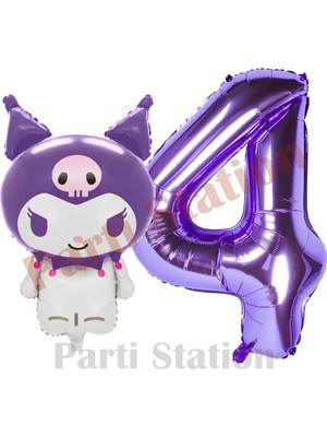 Parti Station Sanrio Mor Kuromi Konsept Folyo Balon ve 4 Yaş Mor Folyo Rakam Balon Seti