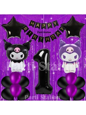 Parti Station Kuromi Konsept 1 Yaş Doğum Günü Balon Seti Mor Perdeli ve Siyah Rakam Balonlu