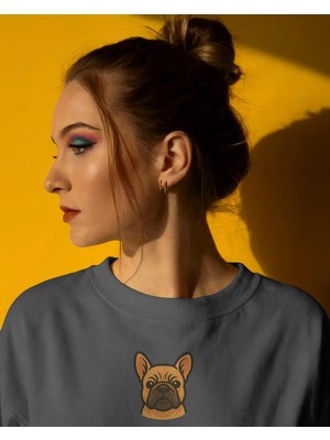 Muhtar Store French Bulldog Baskılı Kadın Sweatshirt – Minimal Göğüs Ortası Baskı Antrasit Regular Fit