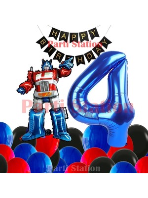 Parti Station Transformers Optimus Prime 4 Yaş Doğum Günü Balon Seti Folyo Rakam Balon, Happy Birthday Banner