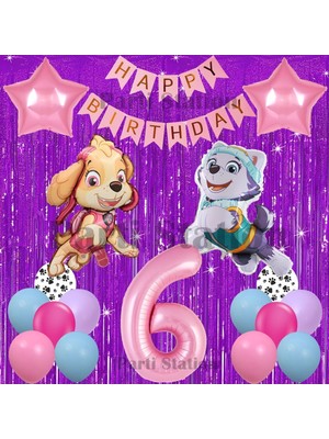Parti Station Paw Patrol Skye ve Everst Konsept 6 Yaş Doğum Günü Mor Püskül Parti Balon Seti