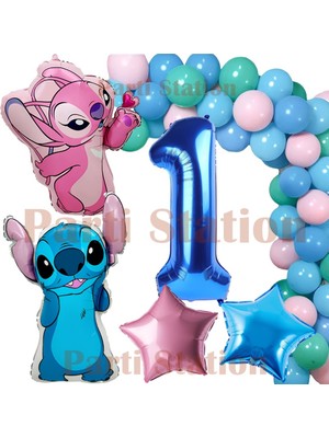Parti Station Lilo Stitch Balon ve Angel 1 Yaş Doğum Günü Parti Seti Lacivert Rakam ve Zincir Balon Seti