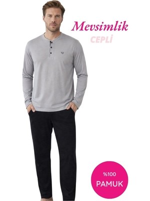 Guava Erkek Gri 3 Düğmeli %100 Pamuk Mevsimlik Geniş Kalıp Uzun Kol Cepli Pijama Takımı