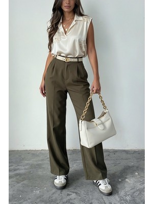Hersteller Kadın Haki Bol Kesim Palazzo Pantolon Yüksek Bel Pileli Kumaş Pantolon