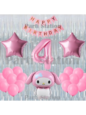 Parti Station Kuromi My Melody Konsept 4 Yaş Doğum Günü Balon Seti Pembe Rakam Balonlu