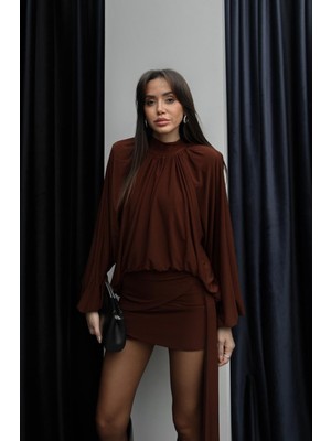 Havoş Kahverengi Candy Vatkalı Bluz Etek Takım