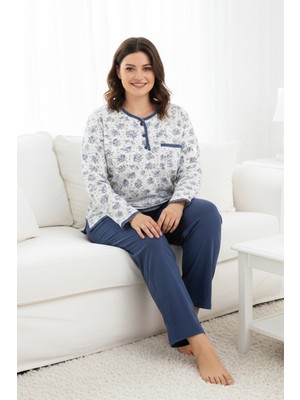 Aydoğan Büyük Beden Kadın Uzun Kol Kroşetalı Patlı Pamuklu Pijama Takımı 250696 BEYAZ12