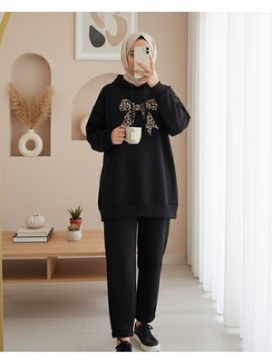 Moda Morfo Fiyonk Detaylı Kapşonlu Penye Sweat -Siyah