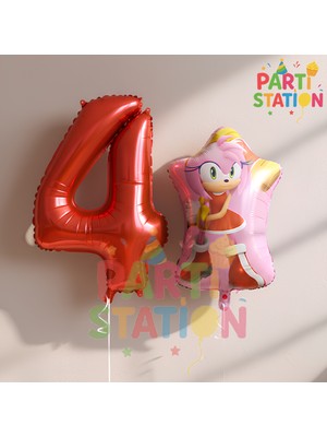 Parti Station Sonic Amy 4 Yaş Folyo Balon Seti – Rakam 4 Doğum Günü Parti Süsü