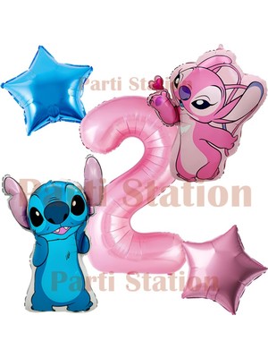 Parti Station Lilo Stitch ve Angel 2 Yaş Pembe Rakam ve Yıldız Folyo Balon Doğum Günü Parti Seti
