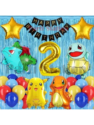Parti Station Pokemon Tema 2 Yaş Doğum Günü Perdeli Balon Set Pokemon Pikachu Bulbasaur Charmander Squirtle