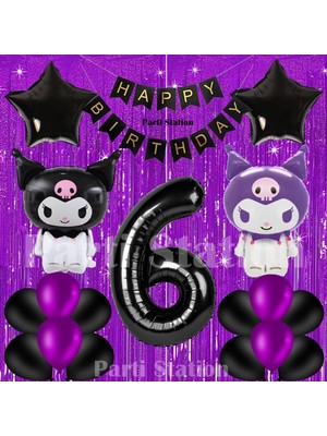 Parti Station Kuromi Konsept 6 Yaş Doğum Günü Balon Seti Mor Perdeli ve Siyah Rakam Balonlu