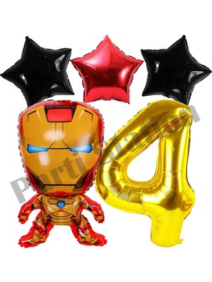 Parti Station Avengers Iron Man Konsept 4 Yaş Gold Rakam Balon Set Demir Adam Konsept Doğum Günü Balon Set