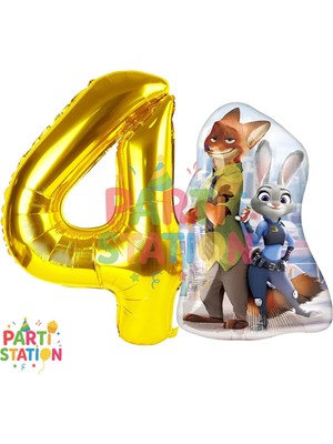 Parti Station Zootopia Temalı 4 Yaş Folyo Balon Seti | Altın Rakam & Nick Judy Balon