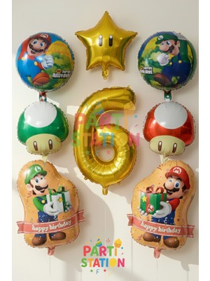 Parti Station Süper Mario Balon Set 6 Yaş - 8 Parça Folyo Doğum Günü Balon Seti