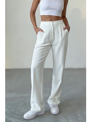 Hersteller Kadın Beyaz Bol Kesim Palazzo Pantolon Yüksek Bel Pileli Kumaş Pantolon