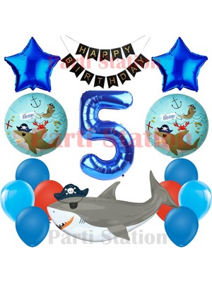 Parti Station Korsan Köpekbalığı Temalı 5 Yaş Doğum Günü Balon Seti & Happy Birthday Banner