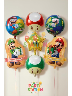 Parti Station Mario Balon Temalı 7 Parça Doğum Günü Seti