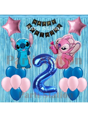 Parti Station Lilo Stitch Balon ve Angel 2 Yaş Doğum Günü Parti Seti Lacivert Rakam ve Dekor Perdeli Balon Seti