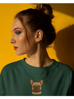 Muhtar Store French Bulldog Baskılı Kadın Sweatshirt – Minimal Göğüs Ortası Baskı Antrasit Regular Fit