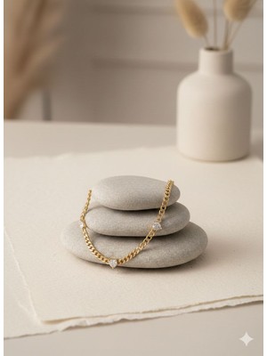 Stainless Steel Gold Zirkon Taşlı Kalın Zincirli Çelik Kolye