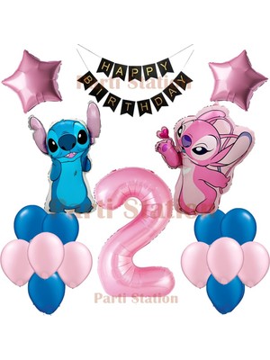Parti Station Lilo Stitch Balon ve Angel Balon 2 Yaş Doğum Günü Parti Balon Seti Pembe Rakam ve Happy Birthday