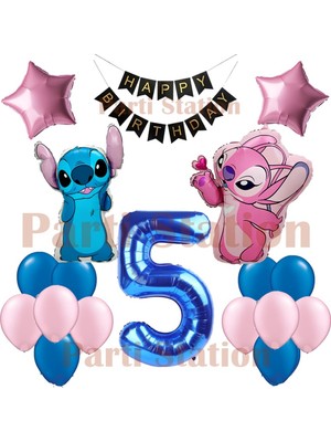 Parti Station Lilo Stitch Balon ve Angel 5 Yaş Doğum Günü Parti Balon Seti Lacivert Rakam ve Happy Birthday Banner