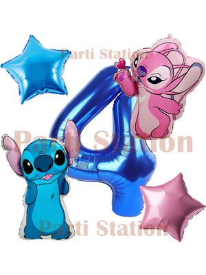 Parti Station Lilo Stitch ve Angel 4 Yaş Lacivert Rakam ve Yıldız Folyo Balon Doğum Günü Parti Seti