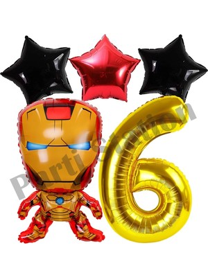 Parti Station Avengers Iron Man Konsept 6 Yaş Gold Rakam Balon Set Demir Adam Konsept Doğum Günü Balon Set
