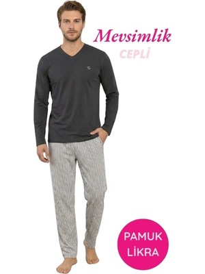 Guava Erkek Gri-Beyaz Bisiklet Yaka Düğmesiz Çizgili Jakar Kumaş Mevsimlik Uzun Kol Cepli Pijama Takımı