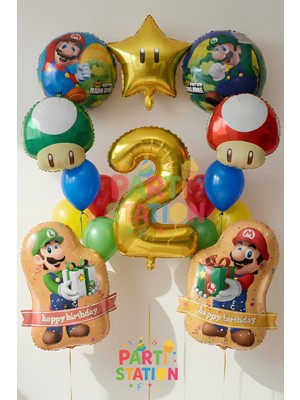 Parti Station Mario Temalı 2 Yaş 16 Parça Doğum Günü Balon Seti