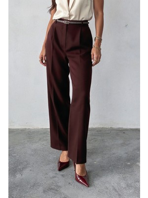 Hersteller Kadın Mürdüm Bol Kesim Palazzo Pantolon Yüksek Bel Pileli Kumaş Pantolon