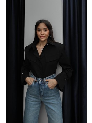 Havoş Siyah Geometrik Kapak Cepli Kol Detaylı Gömlek