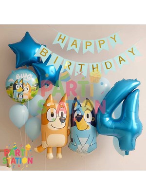 Parti Station Bluey ve Chilli Temalı 4 Yaş Folyo Balon Seti – Rakam Balonlu ve Happy Birthday Bannerlı