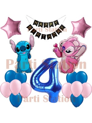 Parti Station Lilo Stitch Balon ve Angel 4 Yaş Doğum Günü Parti Balon Seti Lacivert Rakam ve Happy Birthday Banner