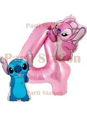 Parti Station Lilo Stitch ve Angel 4 Yaş Pembe Rakam Balon Doğum Günü Parti Seti