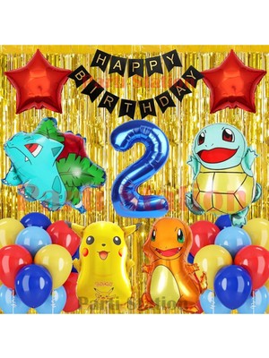 Parti Station Pokemon Konsept 2 Yaş Doğum Günü Perdeli Balon Set Pokemon Pikachu Bulbasaur Charmander Squirtle