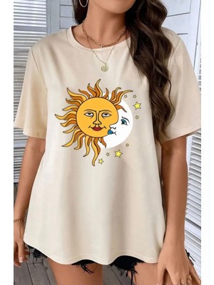 Amor Face Büyük Beden Özel Tasarım Güneş-Ay Baskılı %100 Pamuk Yeni Trend Battal Kadın T-Shırt