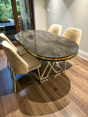 Msy Home 6 Kişilik Monaco Stil Gold Çizgili Gri Yönsüz Kumaş Ironi Oval Masa Modern Yemek Odası Seti