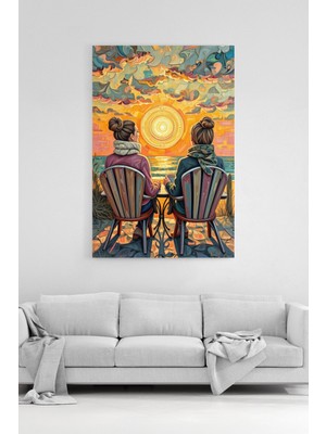 HonataDizayn Günbatımı Deniz Manzaralı Kahve Keyfi Yapan Kadınlar Modern Dekoratif Kanvas Tablo