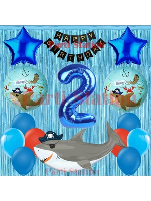 Parti Station Korsan Köpekbalığı Temalı 2 Yaş Doğum Günü Balon Seti & Happy Birthday Banner & Perdeli Set