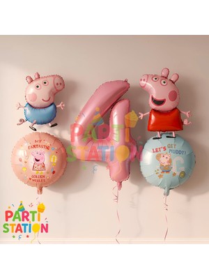 Parti Station Peppa Pig & George Konsept 4 Yaş Folyo Balon Seti Doğum Günü Seti