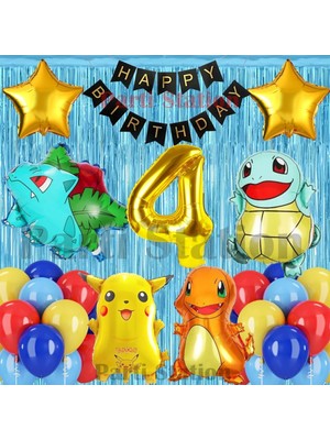 Parti Station Pokemon Tema 4 Yaş Doğum Günü Perdeli Balon Set Pokemon Pikachu Bulbasaur Charmander Squirtle